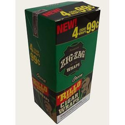 Republic Group Zig Zag Rillo Wraps Green, Packaging of four cigarette wraps priced at 99 cents. Republic Group Zig Zag Rillo Wraps Green, Packaging of four cigarette wraps priced at 99 cents.