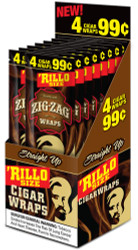 Republic Group Zig Zag Rillo Wraps Straight Up 4 for 0.99, display of cigarette wraps in a box with bold yellow and red lettering, featuring a silhouette of a man's face, and product details on the packaging. Republic Group Zig Zag Rillo Wraps Straight Up 4 for 0.99, display of cigarette wraps in a box with bold yellow and red lettering, featuring a silhouette of a man's face, and product details on the packaging.