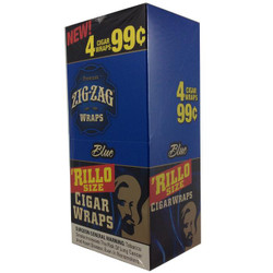 Product Republic Group Zig Zag Rillo Wraps Blueberry, blue packaging box of cigarette wraps with bold yellow and red text indicating 4 wraps for 99 cents, featuring a graphic of a bearded man and safety warning label. Product Republic Group Zig Zag Rillo Wraps Blueberry, blue packaging box of cigarette wraps with bold yellow and red text indicating 4 wraps for 99 cents, featuring a graphic of a bearded man and safety warning label.