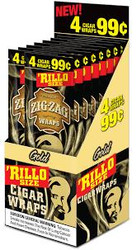 Republic Group Zig Zag Rillo Wraps Gold, product packaging displaying 4 cigar wraps for 99 cents. Republic Group Zig Zag Rillo Wraps Gold, product packaging displaying 4 cigar wraps for 99 cents.