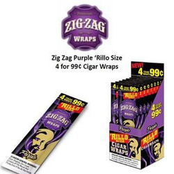 Republic Group Zig Zag Rillo Wraps Grape, packaging display showing four cigar wraps in purple with grape flavor, priced at 99 cents. Republic Group Zig Zag Rillo Wraps Grape, packaging display showing four cigar wraps in purple with grape flavor, priced at 99 cents.
