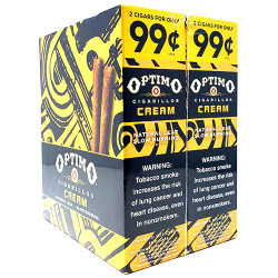 Swisher International Optimo Cigarillos Foil Pack Cream 30 Packs of 2, yellow and black foil pack packaging featuring cigars and product details. Swisher International Optimo Cigarillos Foil Pack Cream 30 Packs of 2, yellow and black foil pack packaging featuring cigars and product details.