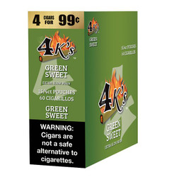 Product 4 Kings Cigars Green Sweet 15 Pouches of 4, green and black packaging with flame design and warning label. Product 4 Kings Cigars Green Sweet 15 Pouches of 4, green and black packaging with flame design and warning label.