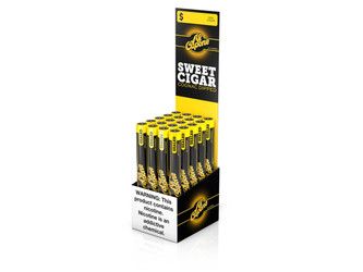 Inter-Continental Cigar Corporation Al Capone Sweet Cognac Cigarillos 20 Ct. Tube Upright Box, display of yellow and black cigarillo tubes with brand and product labeling.