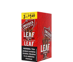 Swisher International Swisher Sweets Leaf Cigar Natural, red packaging with three cigars and a promotional yellow sticker displaying a special offer of three cigars for $1.49. Swisher International Swisher Sweets Leaf Cigar Natural, red packaging with three cigars and a promotional yellow sticker displaying a special offer of three cigars for $1.49.