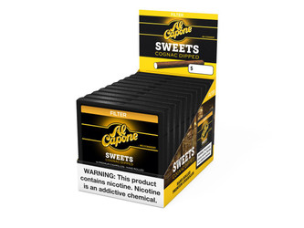 Inter-Continental Cigar Corporation Al Capone Sweets Filter Cigarillos, black boxes with yellow and black packaging, featuring the Al Capone logo and product details, displayed in a retail stand. Inter-Continental Cigar Corporation Al Capone Sweets Filter Cigarillos, black boxes with yellow and black packaging, featuring the Al Capone logo and product details, displayed in a retail stand.