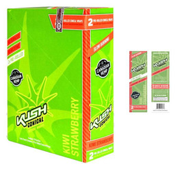 Kush Herbal Hemp Wrap Strawberry Kiwi 25/2, product packaging featuring green and orange design with cannabis leaf graphic and text highlighting features like slow burning and pre-rolled conical wraps.