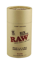 RAW Six Shooter Kingsize Cone Filler, a cylindrical container for filling multiple cones with a variable quantity, suitable for rolling kingsize cones at once.
