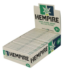Hempire Hemp Rolling Papers, a box of 24 packs of 100% pure hemp rolling papers, with each pack containing 1 1/2 size rolling papers for smoking.