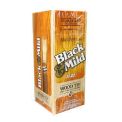 John Middleton Black & Mild Cigars Jazz Wood Tip Box, a pack of 25 pipe tobacco cigars with wood tips in orange and beige packaging. John Middleton Black & Mild Cigars Jazz Wood Tip Box, a pack of 25 pipe tobacco cigars with wood tips in orange and beige packaging.