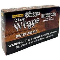 Good Times Sweet Woods Sweet Aroma Wraps, packaging showing 30 packs of 2 natural flavored wraps designed for slow burn and enhanced aroma. Good Times Sweet Woods Sweet Aroma Wraps, packaging showing 30 packs of 2 natural flavored wraps designed for slow burn and enhanced aroma.