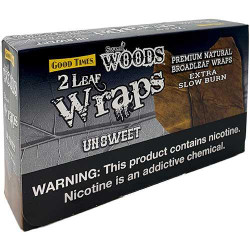 Good Times Sweet Woods UnSweet Wraps 30 Packs of 2, packaging showing natural broadleaf wraps with a warning label about nicotine addiction.