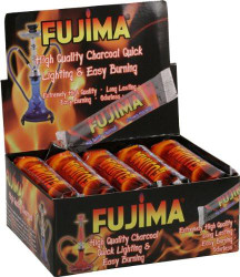Fujima Hookah Fujima Quick Lighting Charcoal, product packaging showing multiple quick lighting charcoal briquettes in a display box with branding and product features. Fujima Hookah Fujima Quick Lighting Charcoal, product packaging showing multiple quick lighting charcoal briquettes in a display box with branding and product features.