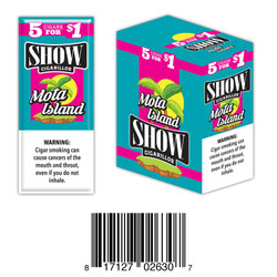 Show Foil Cigarillos, product packaging featuring an 8-pack of Mota Island cigarillos in colorful foil pouches with a warning label and barcode. Show Foil Cigarillos, product packaging featuring an 8-pack of Mota Island cigarillos in colorful foil pouches with a warning label and barcode.