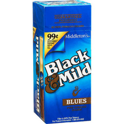 John Middleton Black & Mild Cigars Blues 25ct Box, pre-priced at $0.89, featuring a blue packaging with branding and product details. John Middleton Black & Mild Cigars Blues 25ct Box, pre-priced at $0.89, featuring a blue packaging with branding and product details.