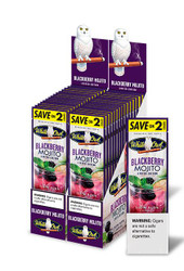 Swedish Match White Owl Cigarillos Blackberry Mojito 30 Pouches of 2, product packaging with two owl illustrations and a display of cigarillo boxes in a store setting. Swedish Match White Owl Cigarillos Blackberry Mojito 30 Pouches of 2, product packaging with two owl illustrations and a display of cigarillo boxes in a store setting.