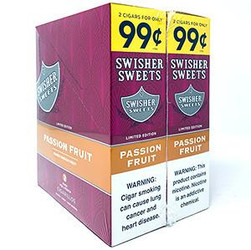 Swisher International Swisher Sweets Cigarillos Foil Passion Fruit 30 Pouches of 2, purple packaging with yellow and white labels and passion fruit flavor branding. Swisher International Swisher Sweets Cigarillos Foil Passion Fruit 30 Pouches of 2, purple packaging with yellow and white labels and passion fruit flavor branding.