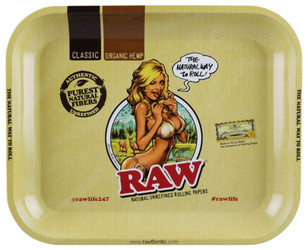 RAW Rolling Tray - Bikini Woman Design, yellow rolling tray with a cartoon of a blonde woman and outdoor scenery, featuring the text 'The natural way to roll' and 'Purest natural fibers' for rolling cannabis. RAW Rolling Tray - Bikini Woman Design, yellow rolling tray with a cartoon of a blonde woman and outdoor scenery, featuring the text 'The natural way to roll' and 'Purest natural fibers' for rolling cannabis.