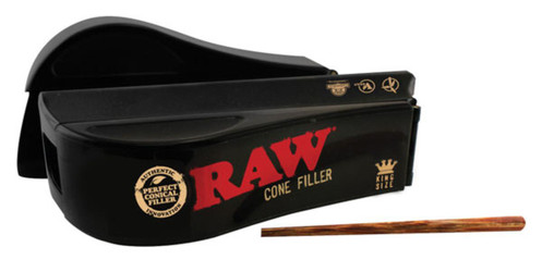 RAW Cone Filler Kingsize, black manual cone filling device with a wooden filling stick for rolling king size cones. RAW Cone Filler Kingsize, black manual cone filling device with a wooden filling stick for rolling king size cones.