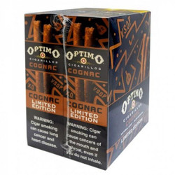 Swisher International Optimo Cigarillos Foil Pack Cognac 30 Packs of 2, showing a box of cigars with decorative packaging in orange and black with warning labels. Swisher International Optimo Cigarillos Foil Pack Cognac 30 Packs of 2, showing a box of cigars with decorative packaging in orange and black with warning labels.