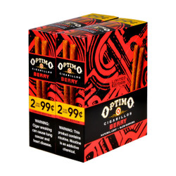 Swisher International Optimo Cigarillos Foil Pack Berry 30 Packs of 2, red and black packaging with images of cigarillos, promotional price offer, and warning labels. Swisher International Optimo Cigarillos Foil Pack Berry 30 Packs of 2, red and black packaging with images of cigarillos, promotional price offer, and warning labels.