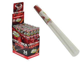 Cyclones Clear Pre-Rolls Cones 24Ct, a display box of 24 transparent pre-rolled cone rolling papers with strawberry flavor design. Cyclones Clear Pre-Rolls Cones 24Ct, a display box of 24 transparent pre-rolled cone rolling papers with strawberry flavor design.