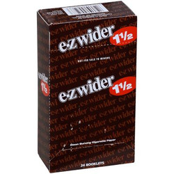 EZ Wider Cigarette Rolling Papers 1 1/2, product packaging display with red and black design and white text. EZ Wider Cigarette Rolling Papers 1 1/2, product packaging display with red and black design and white text.