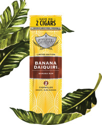 Swisher International Swisher Sweets Cigarillos Foil Banana Daiquiri 30 Pouches of 2, a yellow and brown packaging box of cigarillos with banana rum flavor, featuring a resealable foil pouch and promotional text about saving on 2 cigars. Swisher International Swisher Sweets Cigarillos Foil Banana Daiquiri 30 Pouches of 2, a yellow and brown packaging box of cigarillos with banana rum flavor, featuring a resealable foil pouch and promotional text about saving on 2 cigars.