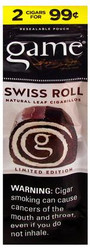Swedish Match Game Cigarillos Foil Swiss Roll 30 Packs of 2, resealable pouch packaging with a black and white design and a warning label about smoking risks. Swedish Match Game Cigarillos Foil Swiss Roll 30 Packs of 2, resealable pouch packaging with a black and white design and a warning label about smoking risks.