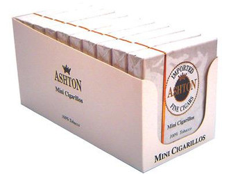 Ashton Cigars Ashton Mini Cigarillos 10 Packs of 20, product packaging with multiple small cigar packs inside a white box. Ashton Cigars Ashton Mini Cigarillos 10 Packs of 20, product packaging with multiple small cigar packs inside a white box.