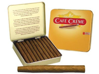 Cafe Creme Cigarillos 5 Tins of 20, open tin showcasing cigars inside with one cigar outside the tin, yellow and red packaging design. Cafe Creme Cigarillos 5 Tins of 20, open tin showcasing cigars inside with one cigar outside the tin, yellow and red packaging design.