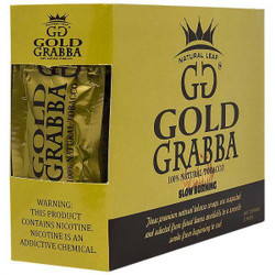 Grabba Leaf Tobacco GG Gold Grabba Cigar Leaf 25Ct, product packaging showing a yellow box with a transparent window revealing individual gold foil wrapped cigar leaves inside. Grabba Leaf Tobacco GG Gold Grabba Cigar Leaf 25Ct, product packaging showing a yellow box with a transparent window revealing individual gold foil wrapped cigar leaves inside.