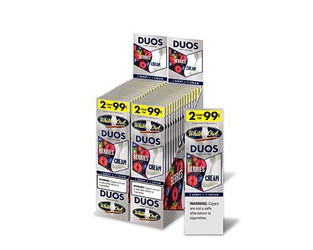Swedish Match White Owl Cigarillos Duos Berry Cream 30 Pouches of 2, display box of cigarillos with berry cream flavor packaging and promotional yellow price labels. Swedish Match White Owl Cigarillos Duos Berry Cream 30 Pouches of 2, display box of cigarillos with berry cream flavor packaging and promotional yellow price labels.