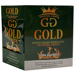 Product Grabba Leaf Tobacco GG Gold Whole Cigar Leaf 10Ct, green packaging box with gold and orange text and flame graphic indicating slow burning property. Product Grabba Leaf Tobacco GG Gold Whole Cigar Leaf 10Ct, green packaging box with gold and orange text and flame graphic indicating slow burning property.