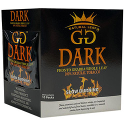 Grabba Leaf Tobacco GG Dark Whole Cigar Leaf 10Ct, black packaging box with orange and yellow text and flames design, indicating slow burning natural tobacco leaves. Grabba Leaf Tobacco GG Dark Whole Cigar Leaf 10Ct, black packaging box with orange and yellow text and flames design, indicating slow burning natural tobacco leaves.