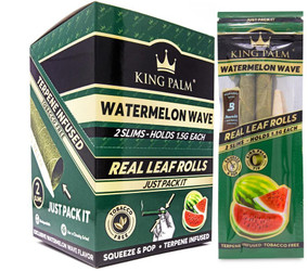 King Palm Wraps King Palm Slim Rolls Watermelon Wave 20Ct/2, product image showing a box and pack of watermelon-flavored herbal leaf rolls. King Palm Wraps King Palm Slim Rolls Watermelon Wave 20Ct/2, product image showing a box and pack of watermelon-flavored herbal leaf rolls.