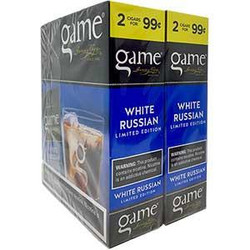 Swedish Match Game Cigarillos Foil White Russian, package of 30 pouches containing 2 cigarillos each, featuring a blue and gray design with images of the White Russian cocktail on the packaging. Swedish Match Game Cigarillos Foil White Russian, package of 30 pouches containing 2 cigarillos each, featuring a blue and gray design with images of the White Russian cocktail on the packaging.