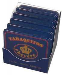 Chevere Cigars Tabaquitos 50Ct, a box of small cigarillos with a blue packaging design featuring the Chevere logo and branding. Chevere Cigars Tabaquitos 50Ct, a box of small cigarillos with a blue packaging design featuring the Chevere logo and branding.