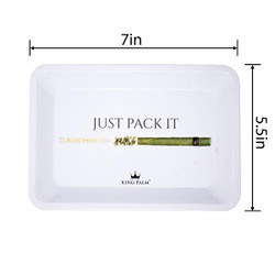 King Palm Rolling Tray Small - Just Pack It, rectangular white tray with dimensions 7 inches by 5.5 inches, featuring a graphic of a pre-rolled joint and green herbs in the center.