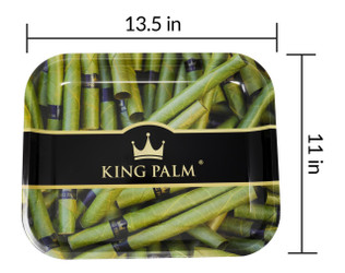 King Palm Rolling Tray large - Royal, a black tray with a gold crown logo and numerous rolled leaves with green leaf wraps, designed for rolling and preparing herbs. King Palm Rolling Tray large - Royal, a black tray with a gold crown logo and numerous rolled leaves with green leaf wraps, designed for rolling and preparing herbs.