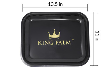 King Palm Rolling Tray Medium- Black, black metal rolling tray with gold King Palm logo and crown design.