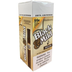 John Middleton Black & Mild Deluxe Wood Tip Cigars Box, cardboard packaging with branding and warning label. John Middleton Black & Mild Deluxe Wood Tip Cigars Box, cardboard packaging with branding and warning label.