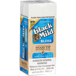 John Middleton Black & Mild Wood Tip Cigars Blues 25ct Box, pre-priced at $0.89, featuring a white and blue packaging design with a wood grain pattern and warning label about tobacco use. John Middleton Black & Mild Wood Tip Cigars Blues 25ct Box, pre-priced at $0.89, featuring a white and blue packaging design with a wood grain pattern and warning label about tobacco use.