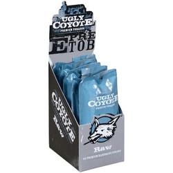 Ugly Coyote Cigars Raw Un-Sweet 5/8 Packs, display box with blue individually wrapped cigar packs featuring a coyote logo and product labeling.