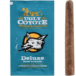 Ugly Coyote Cigars Deluxe Sweet 5/8 Packs, image of a blue packaging with a cartoon coyote smoking a cigar, featuring the words 'Premium Tobacco' and 'Deluxe Sweet Aromatic'. Ugly Coyote Cigars Deluxe Sweet 5/8 Packs, image of a blue packaging with a cartoon coyote smoking a cigar, featuring the words 'Premium Tobacco' and 'Deluxe Sweet Aromatic'.
