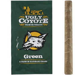 Ugly Coyote Cigars Green Sweet 5/8 Packs, image of a pack of handmade cigars with green packaging featuring a coyote logo, yellow sun, and desert cactus design. Ugly Coyote Cigars Green Sweet 5/8 Packs, image of a pack of handmade cigars with green packaging featuring a coyote logo, yellow sun, and desert cactus design.