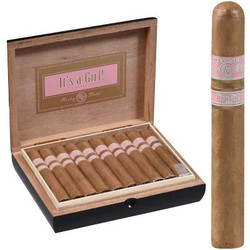 Rocky Patel Cigars It's A Girl, a wooden box containing multiple wrapped cigars with pink and white bands along with a single cigar standing upright. Rocky Patel Cigars It's A Girl, a wooden box containing multiple wrapped cigars with pink and white bands along with a single cigar standing upright.