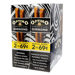Swisher International Optimo Cigarillos Foil Pack Diamond 30 Packs of 2, featuring cigars with a black and white zebra pattern packaging and promotional yellow sticker.