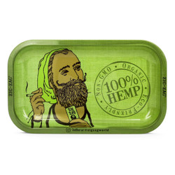Zig Zag Hemp Rolling Tray, green herbal-themed tray with artistic graphic of a bearded man with a headscarf smoking a cigarette, featuring 100% organic hemp logo and Zig Zag branding.