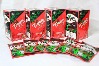 Togga Dark Whole Leaf 10 Pack, red and black packaging with green leaf illustrations and Loog Leaf branding, including individual packs of tea leaves. Togga Dark Whole Leaf 10 Pack, red and black packaging with green leaf illustrations and Loog Leaf branding, including individual packs of tea leaves.